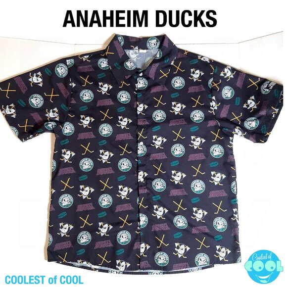 Anaheim Mighty Ducks Shirt Mens Large Short Sleeve button up All Over Print NICE - Picture 1 of 4